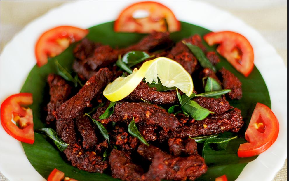 Beef Dry Fry — Spiced beef with curry leaves.. Served at Café Malabar, authentic Kerala & Malabar restaurant at 142 Arab Street, Singapore.