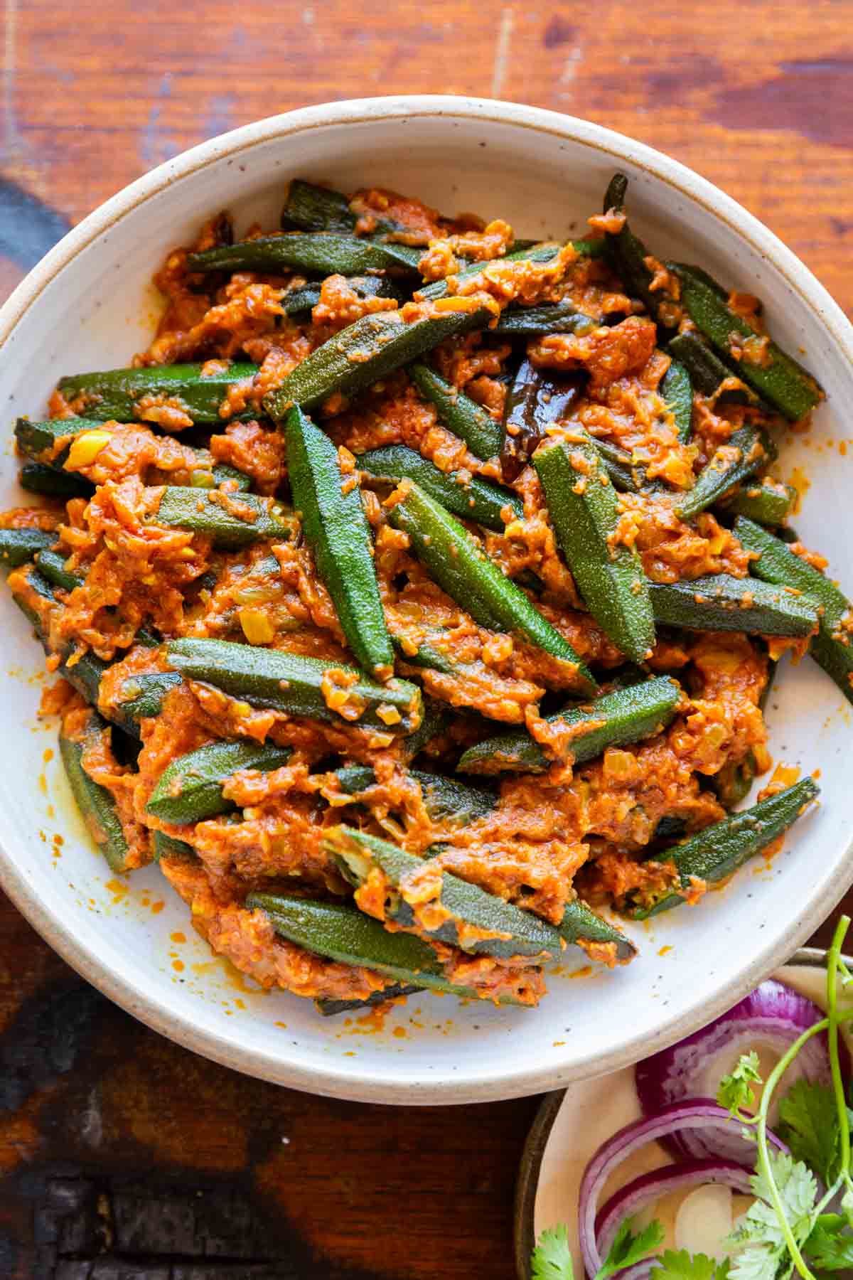 Bhindi Masala — Okra with spices.. Served at Café Malabar, authentic Kerala & Malabar restaurant at 142 Arab Street, Singapore.