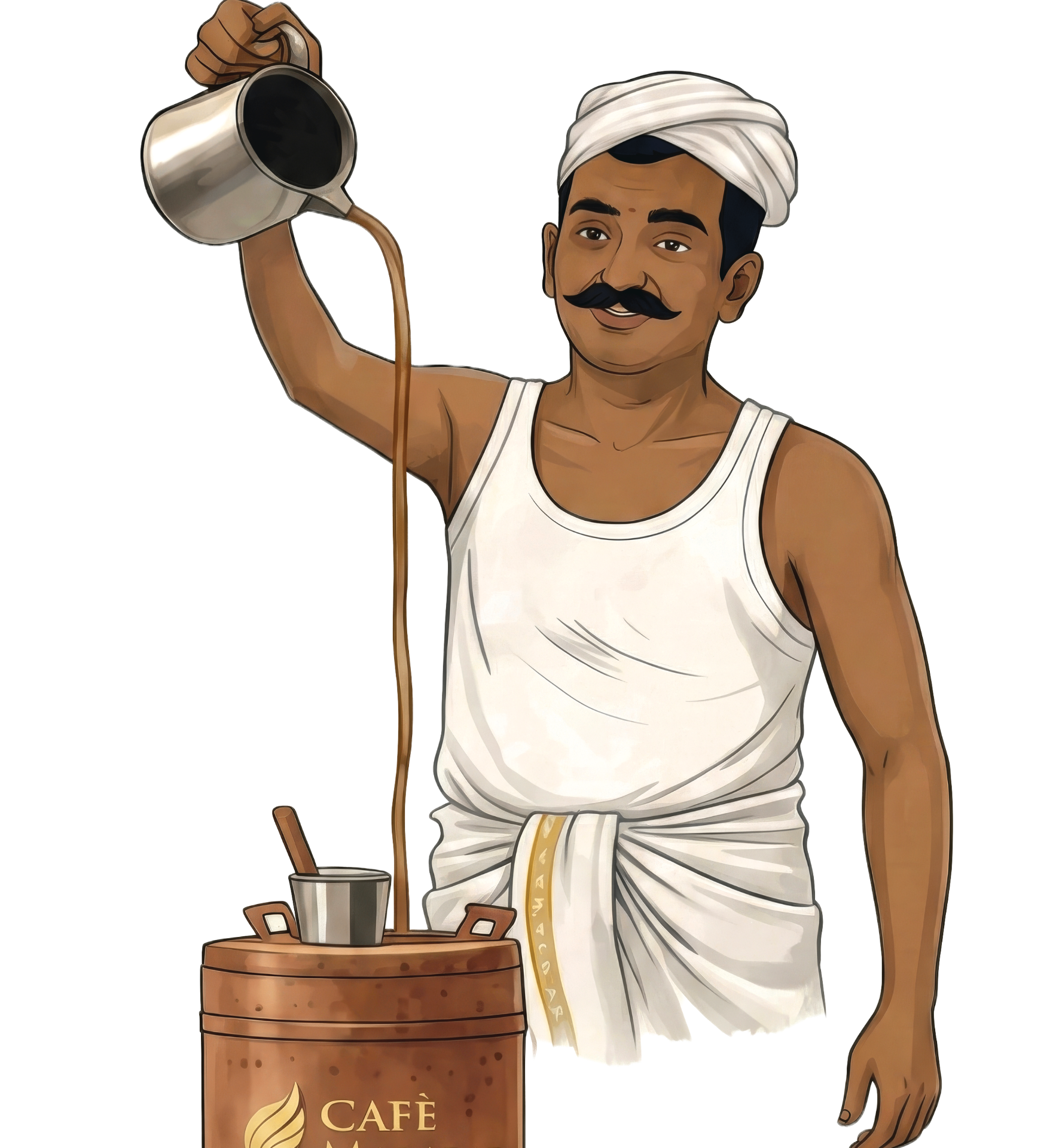 Chaya-wallah pulling a meter of hot Kerala tea at Café Malabar's chaya kada counter, 142 Arab Street Singapore.
